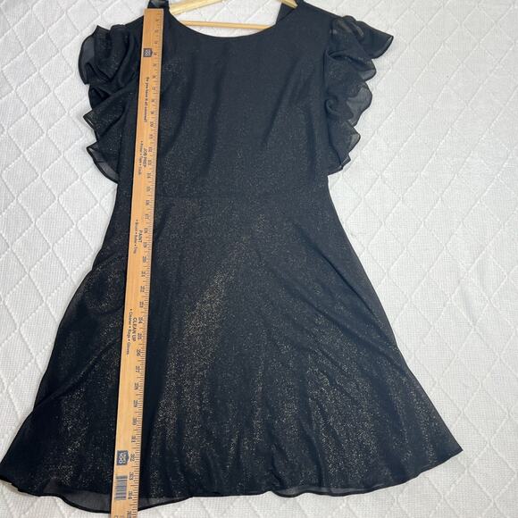 H Halston Black Gold Shimmer Ruffle Flutter Sleeve Dress Cocktail Party LBD 0 - Picture 13 of 14